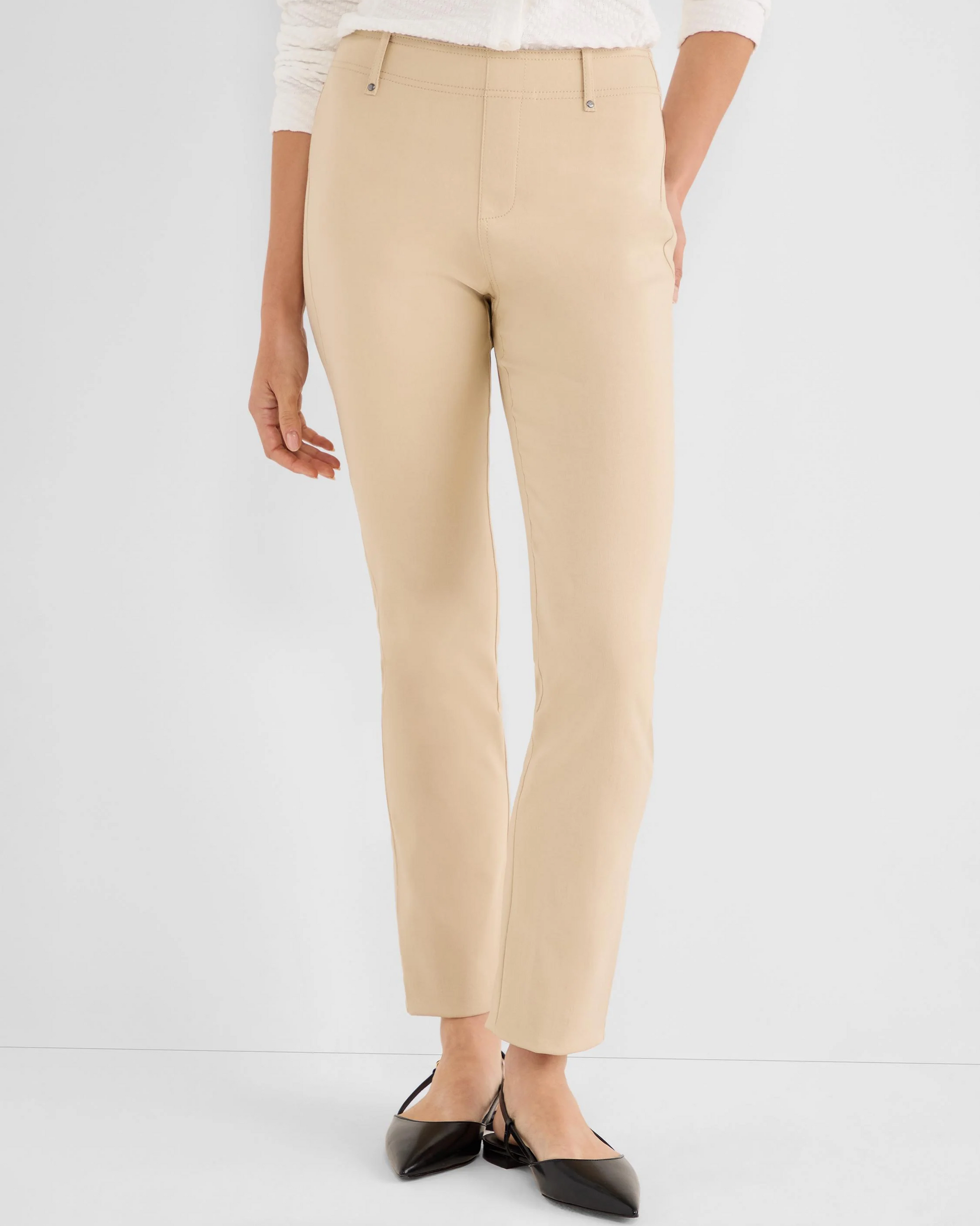 29.5" Copley Straight Wonderstretch Pant in beige stretch fabric styled simply by NIC AND ZOE