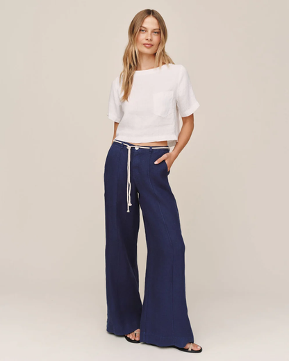 Clean Waist Pintuck Wide Leg navy pants with twist cord waist and side pockets by BELLA DAHL