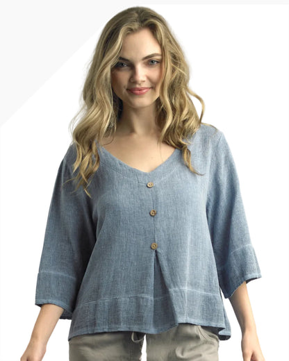 N-Neck Top in blue breathable linen with button front, relaxed fit from TEMPO PARIS collection