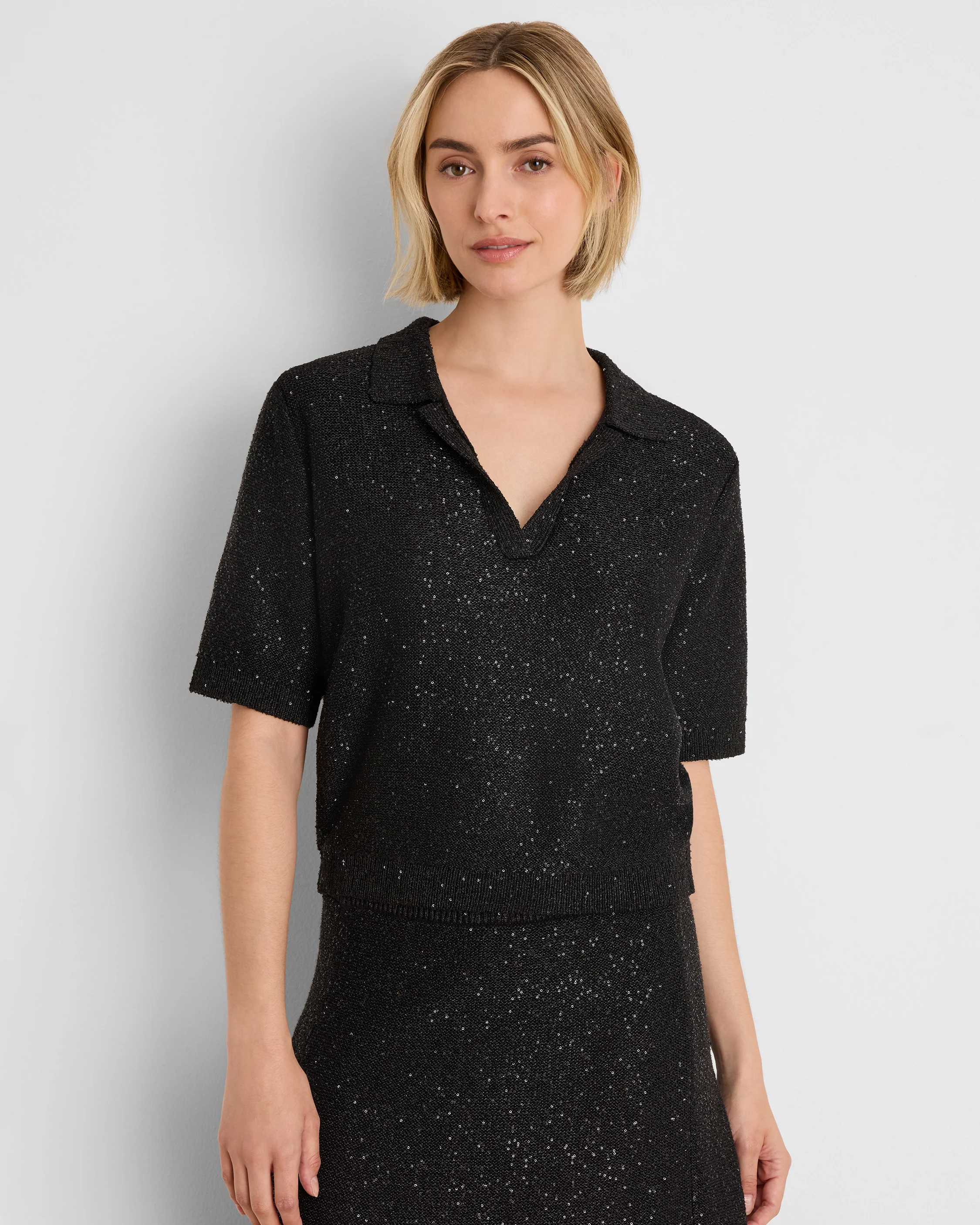 Anytime Sequin Polo Sweater by NIC AND ZOE in Brown and Black
