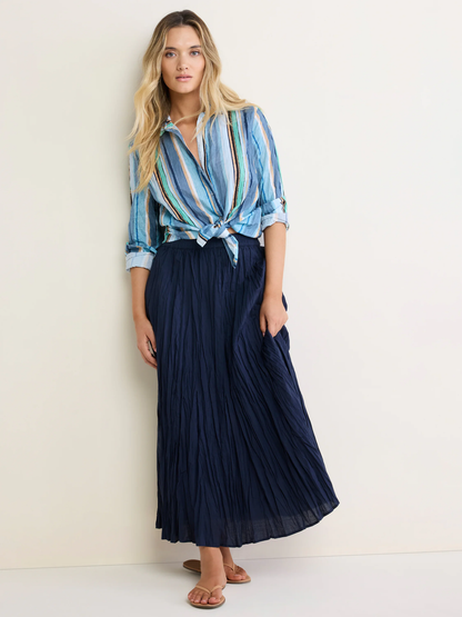 Stripe Core Cotton Shirt in turquoise, blue, and beige stripes, relaxed cotton cambric by NIC AND ZOE