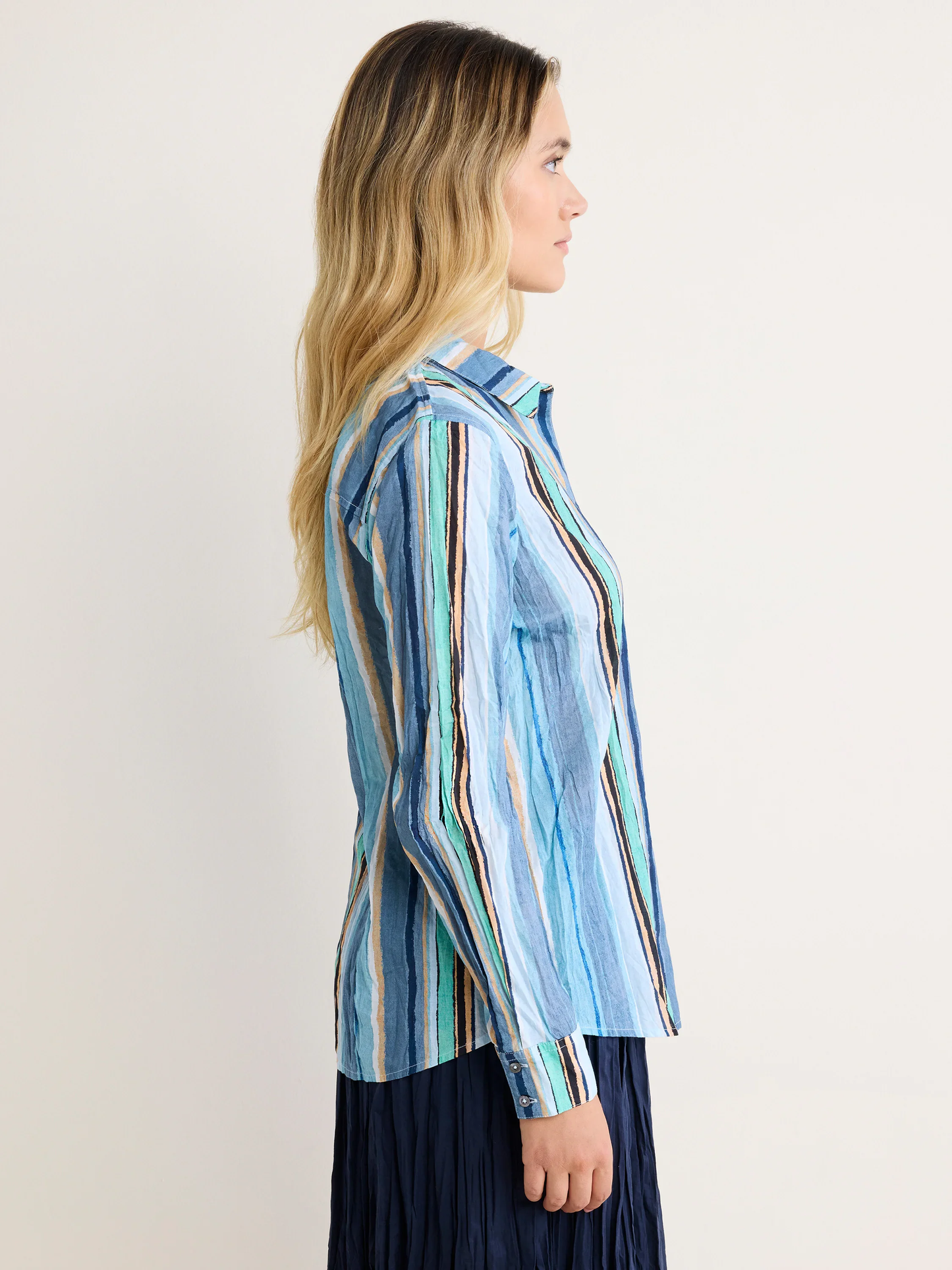 Stripe Core Cotton Shirt in turquoise, blue, and beige stripes, crinkle cotton by NIC AND ZOE
