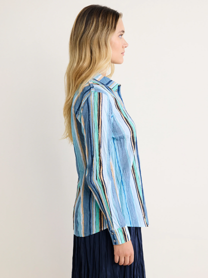 Stripe Core Cotton Shirt in turquoise, blue, and beige stripes, crinkle cotton by NIC AND ZOE