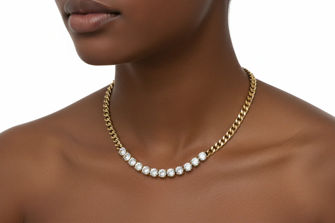 Gold CZ Cuban Necklace with sparkling crystals, handcrafted Women's Jewelry from FOSSICK IMPORTS