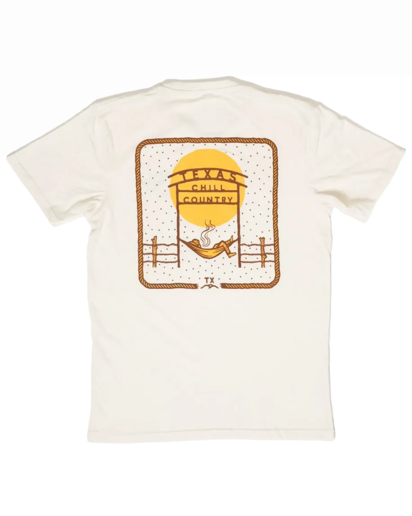Chill Country Ranch Tee featuring a relaxed design with a hammock, sunset, and Texas Hill Country theme in warm tones, embodying effortless Hill Country style.
