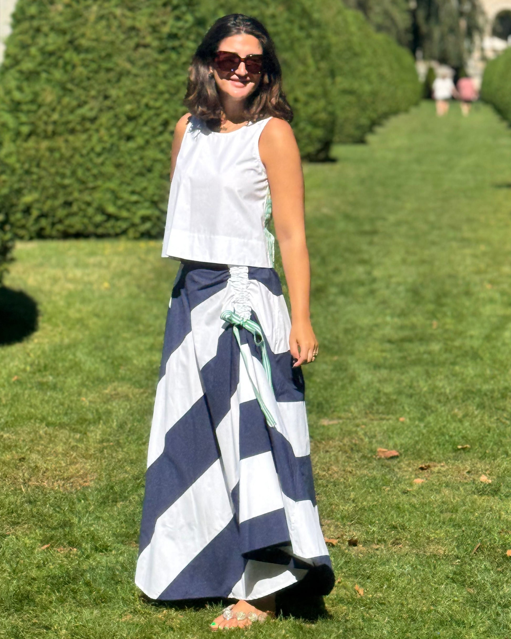 Cabana Ruched Skirt - Stripes, Navy/White, stretch cotton poplin with ruched detail, Fredericksburg TX boutique