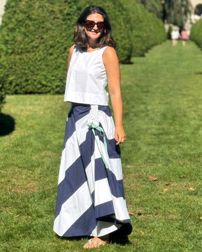 Cabana Ruched Skirt - Stripes, Navy/White, stretch cotton poplin with ruched detail, Fredericksburg TX boutique