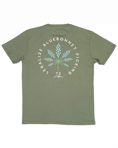 Legalize Bluebonnet Picking Tee in blue-green cotton-poly blend, wrinkle resistant from HILL COUNTRY PROVISIONS