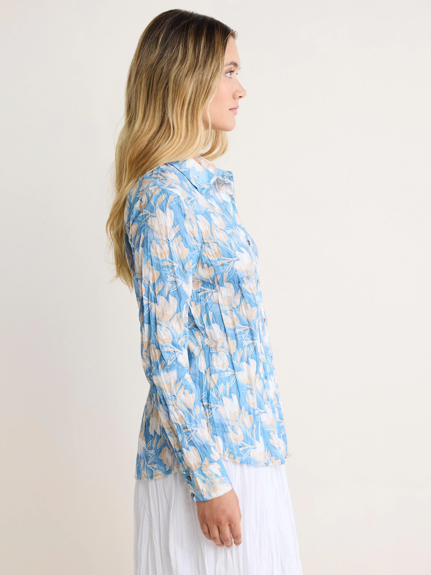 Shadow Floral Core Cotton Shirt in blue and beige floral cotton cambric, relaxed fit by NIC AND ZOE