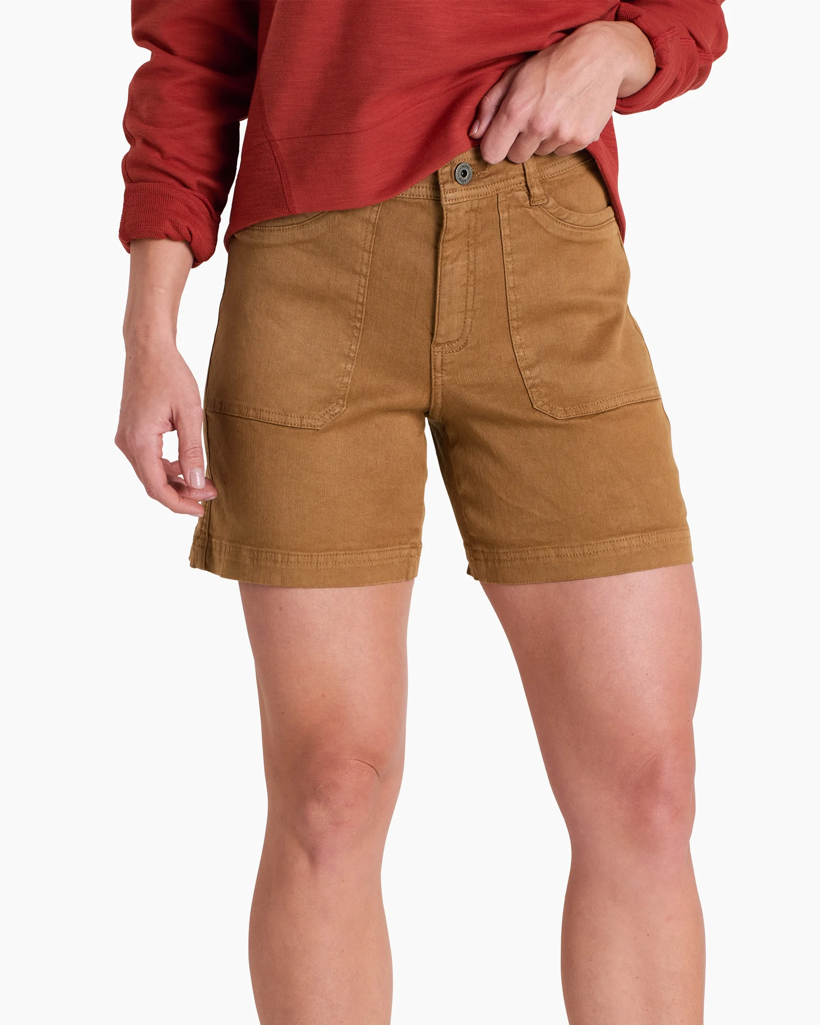 Seaboard Short 6" in brown stretch fabric with straight leg, curated at Fredericksburg TX