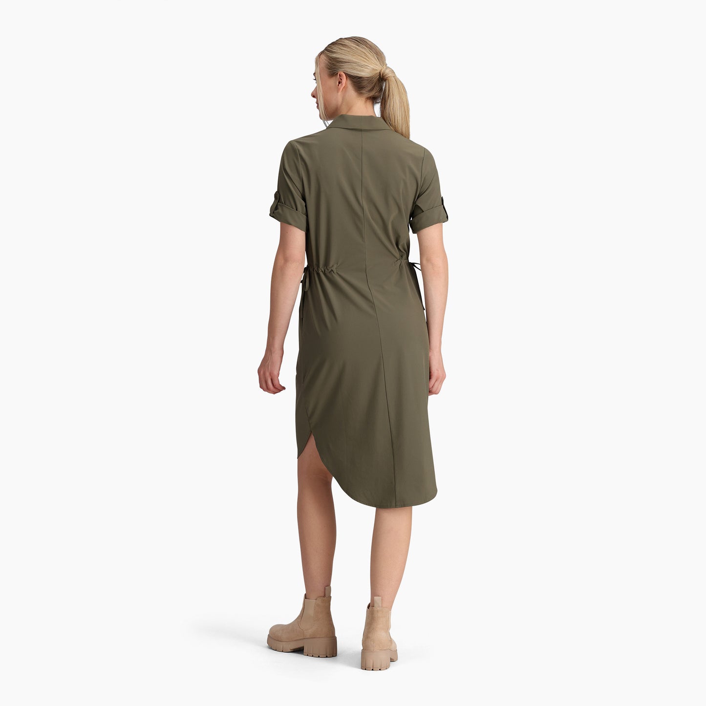 Spotless Traveler Dress S/S in olive green with durable, quick-dry fabric by Royal Robbins