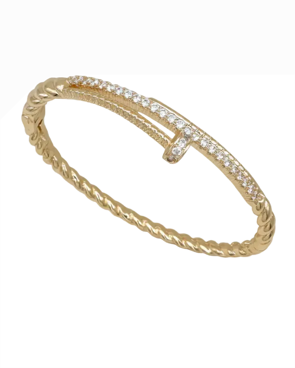Pave Nail Bangle - Gold plated twisted design with CZ accents, Women's Jewelry HCO by FOSSICK IMPORTS