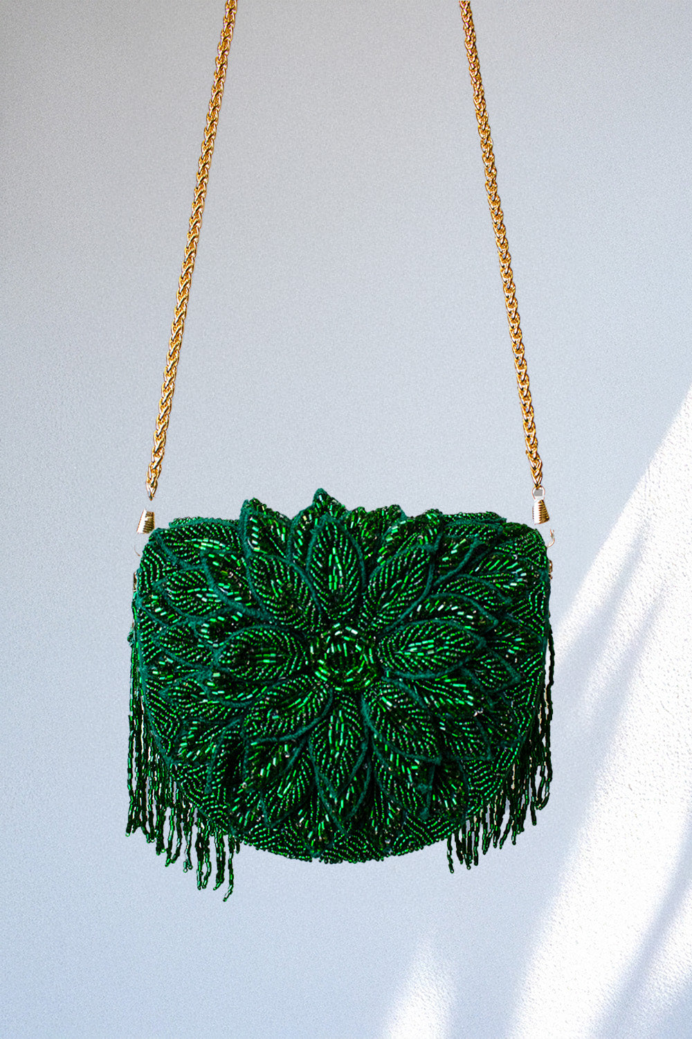 Emerald Dahlia Beaded Handbag with green floral beadwork and beaded fringe, Women's Purses HCO LA CHIC