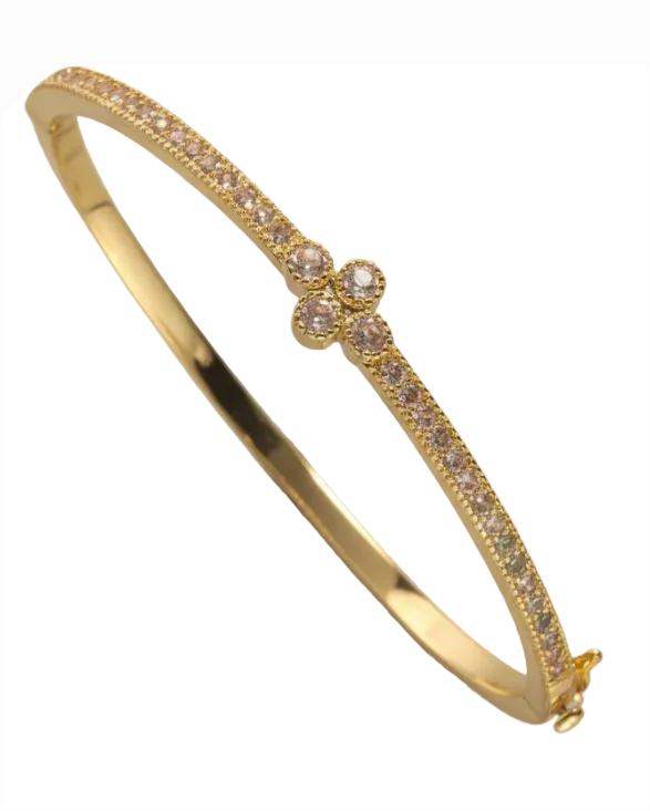 Thin CZ Bangle w/CZ Flower - Gold plated surgical steel, Women's Jewelry HCO by FOSSICK IMPORTS