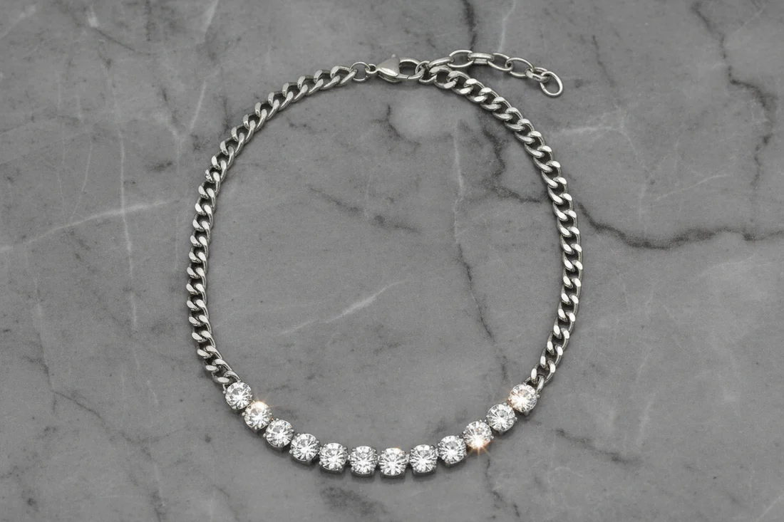 Silver CZ Cuban Necklace with silver plating and clear stones, from FOSSICK IMPORTS women's jewelry collection