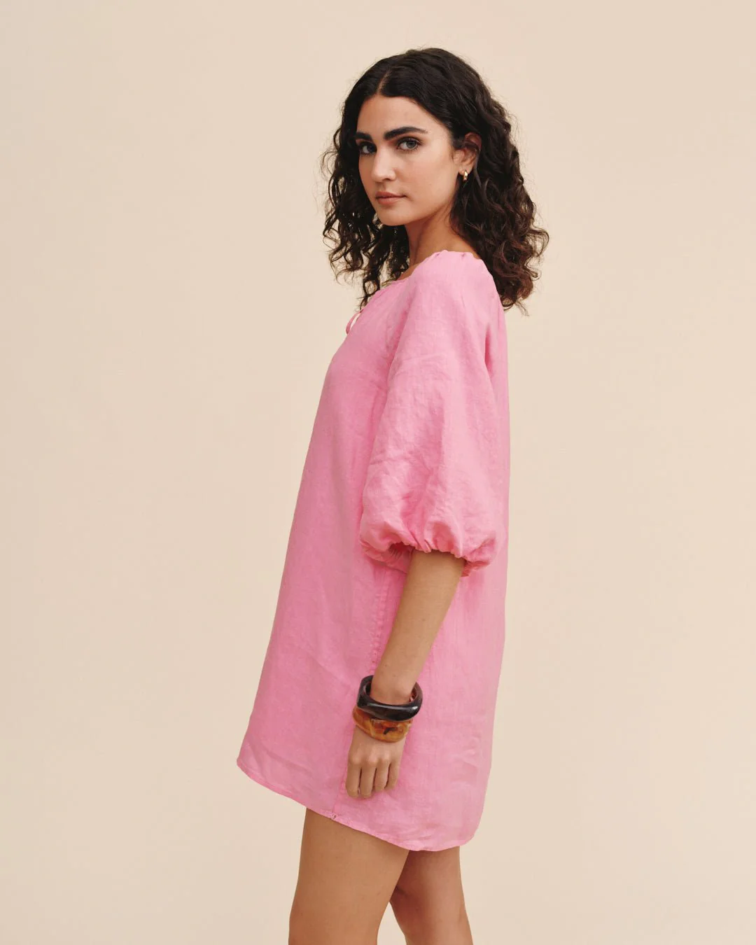 Pullover Puff Sleeve Dress in pink linen with playful sleeves, personally curated Fredericksburg style
