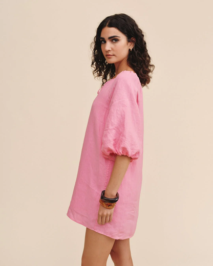Pullover Puff Sleeve Dress in pink linen with playful sleeves, personally curated Fredericksburg style