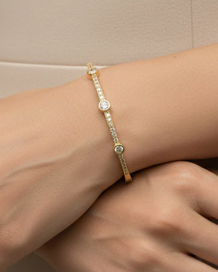 Gold 3-Large CZ Bracelet with striped and dotted accents in 14K gold plated steel by FOSSICK IMPORTS
