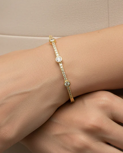 Gold 3-Large CZ Bracelet with striped and dotted accents in 14K gold plated steel by FOSSICK IMPORTS