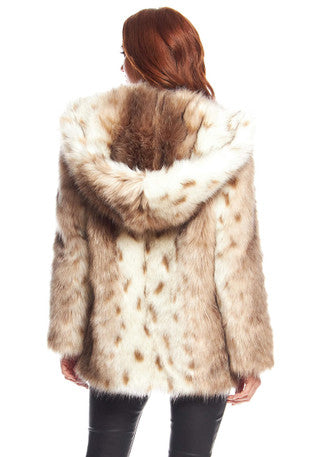 Back view of hooded lynx fur coat with layered spotted texture