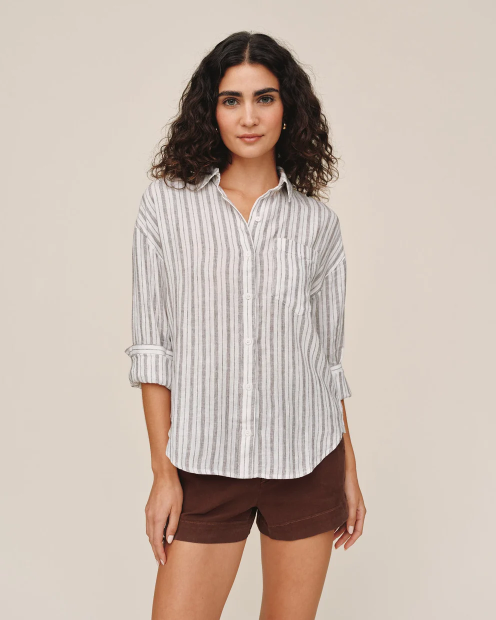 Long Sleeve Oversize Pocket Shirt in striped linen blend with button front by BELLA DAHL at HCO
