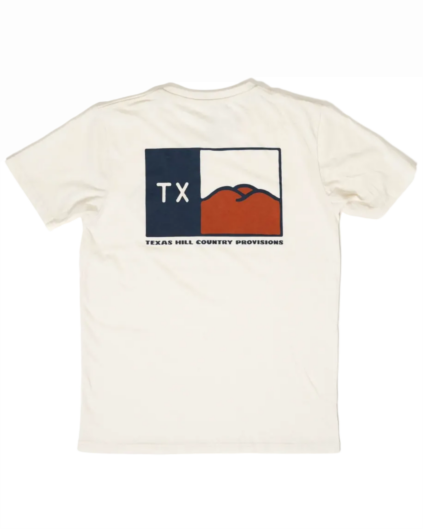 Hill Country Flag Tee in blue and white with Texas design, personally curated in Fredericksburg TX