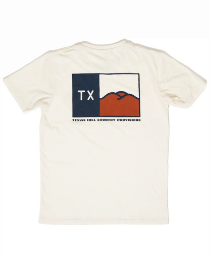 Hill Country Flag Tee in blue and white with Texas design, personally curated in Fredericksburg TX