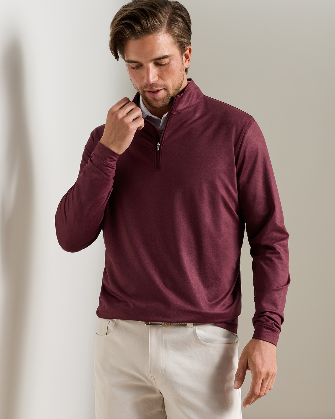 Perth Herringbone Performance Quarter-Zip -BORDEAUX by PETER MILLAR men's sweater