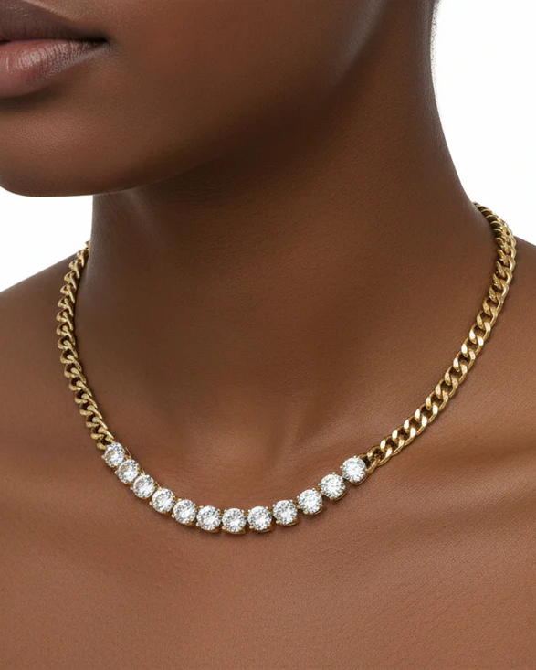 Gold CZ Cuban Necklace with sparkling cubic zirconia stones, from FOSSICK IMPORTS Women's Jewelry