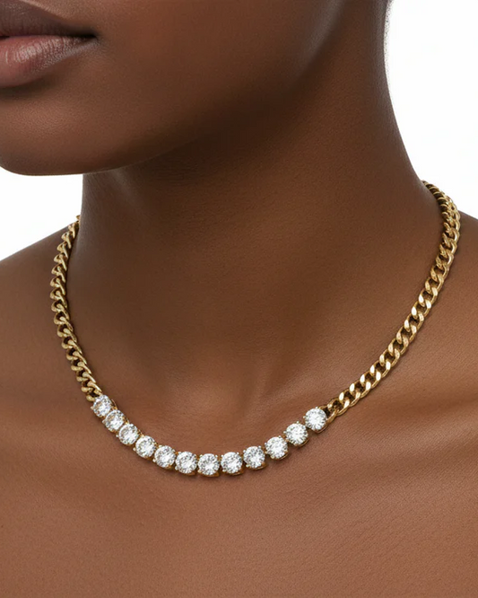 Gold CZ Cuban Necklace with sparkling cubic zirconia stones, from FOSSICK IMPORTS Women's Jewelry