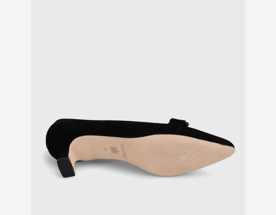 Torey - Black Suede pointed pump with two-tone diamanté strap and 1.5" heel by VANELI