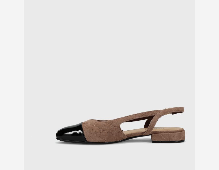 Trill - Military Suede brown quilted slingback with black patent toe, buckle, and low block heel