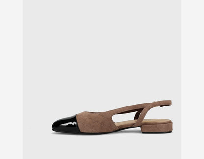 Trill - Military Suede brown quilted slingback with black patent toe, buckle, and low block heel