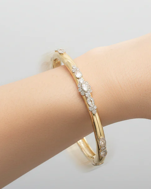 Gold Fancy CZ Flower Bangle with floral CZ accents in 14K gold plated steel, Women's Jewelry HCO