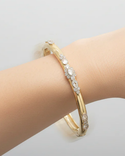Gold Fancy CZ Flower Bangle with floral CZ accents in 14K gold plated steel, Women's Jewelry HCO