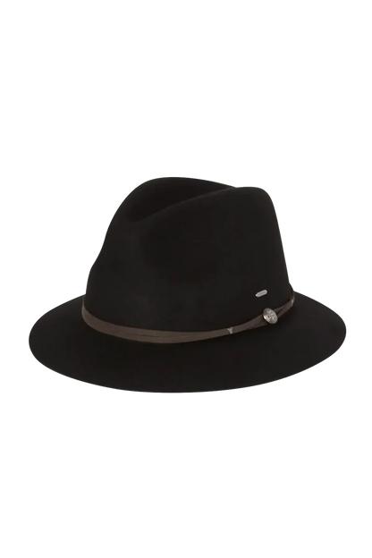 Matilda black Australian Merino wool hat with faux leather band and metal trim, KOORINGAL HEADWEAR