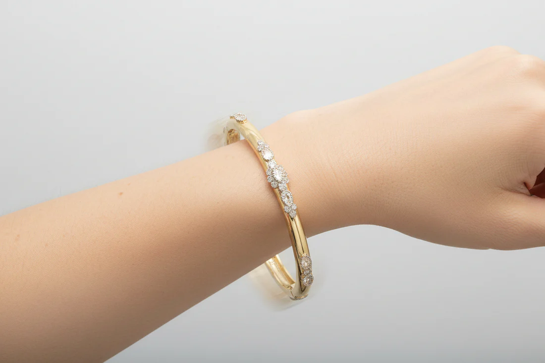 Gold Fancy CZ Flower Bangle with floral design in 14K gold plated steel, Women's Jewelry HCO by FOSSICK IMPORTS