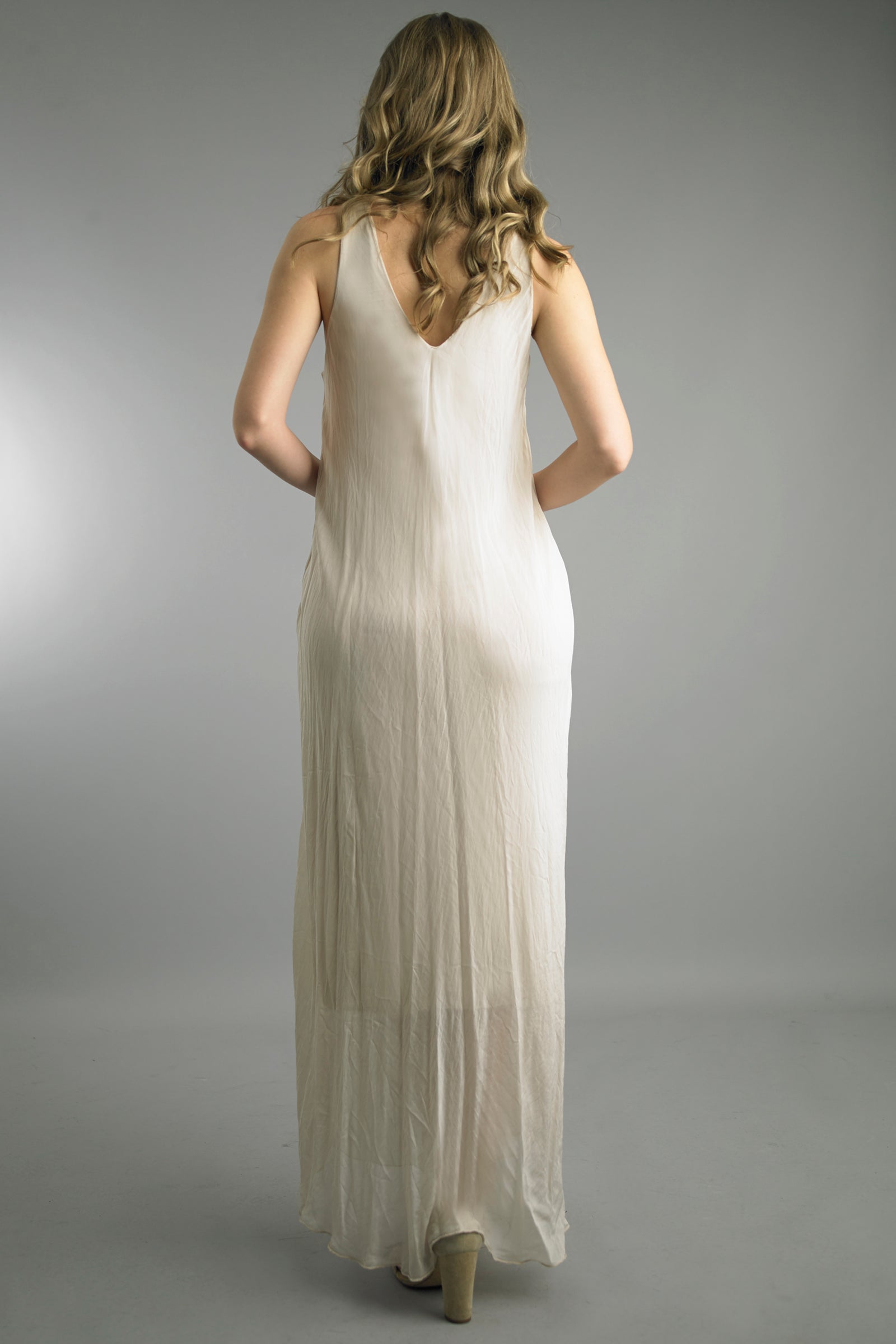 Long Bias Dress in beige silk with fluid silhouette, back view, from TEMPO PARIS Women's Dresses & Jumpsuits HCO