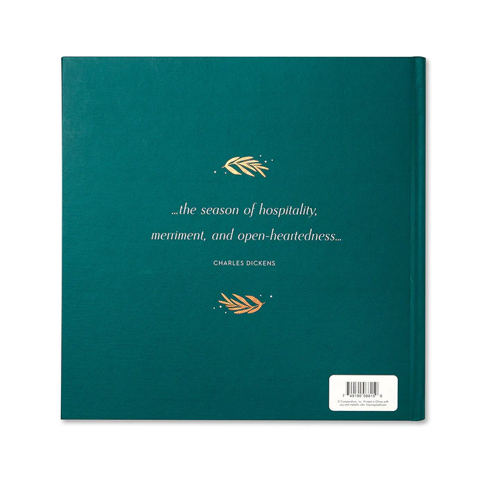 The Most Wonderful Time Of The Year book with a deep green cover featuring a Charles Dickens quote about hospitality and merriment, accented with gold foil details.