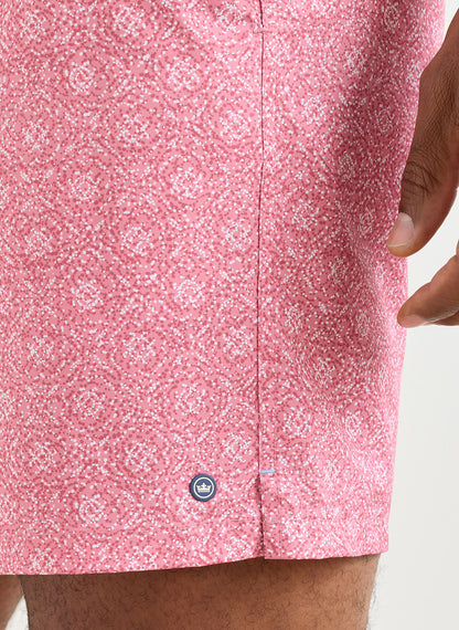 Knox Swim Trunk in pink geometric print with lightweight quick-dry stretch fabric, Hill Country style