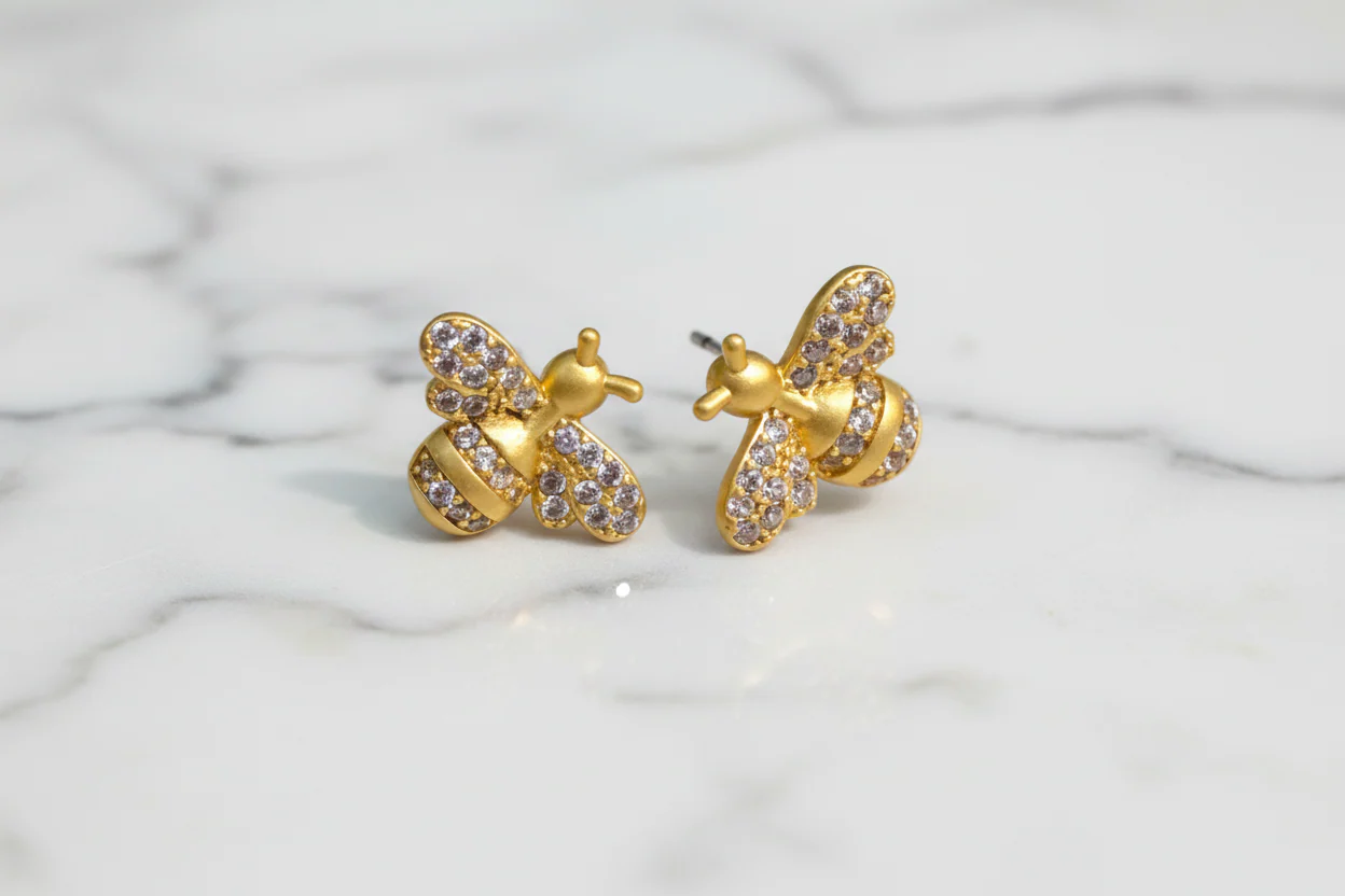 Gold CZ Bee Earring with sparkling cubic zirconia accents, artisan Women’s Jewelry by FOSSICK IMPORTS
