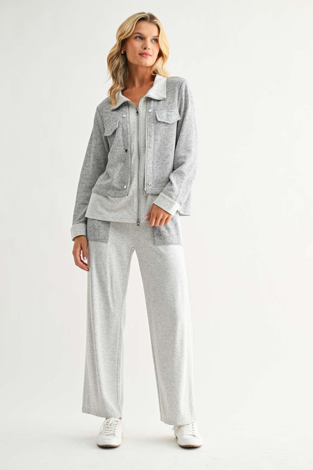 Jeannie Pant in gray and white with relaxed straight leg and contrast patch pockets by JOH APPAREL
