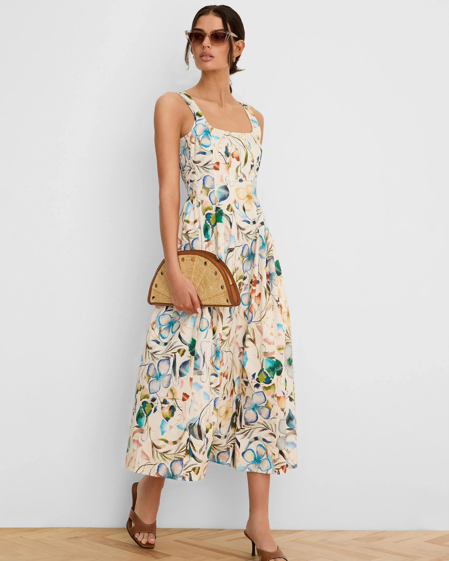 Pressed Flowers Dress in white floral pattern with square neck and princess seams by NIC AND ZOE