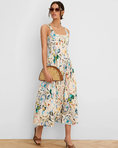 Pressed Flowers Dress in white floral pattern with square neck and princess seams by NIC AND ZOE
