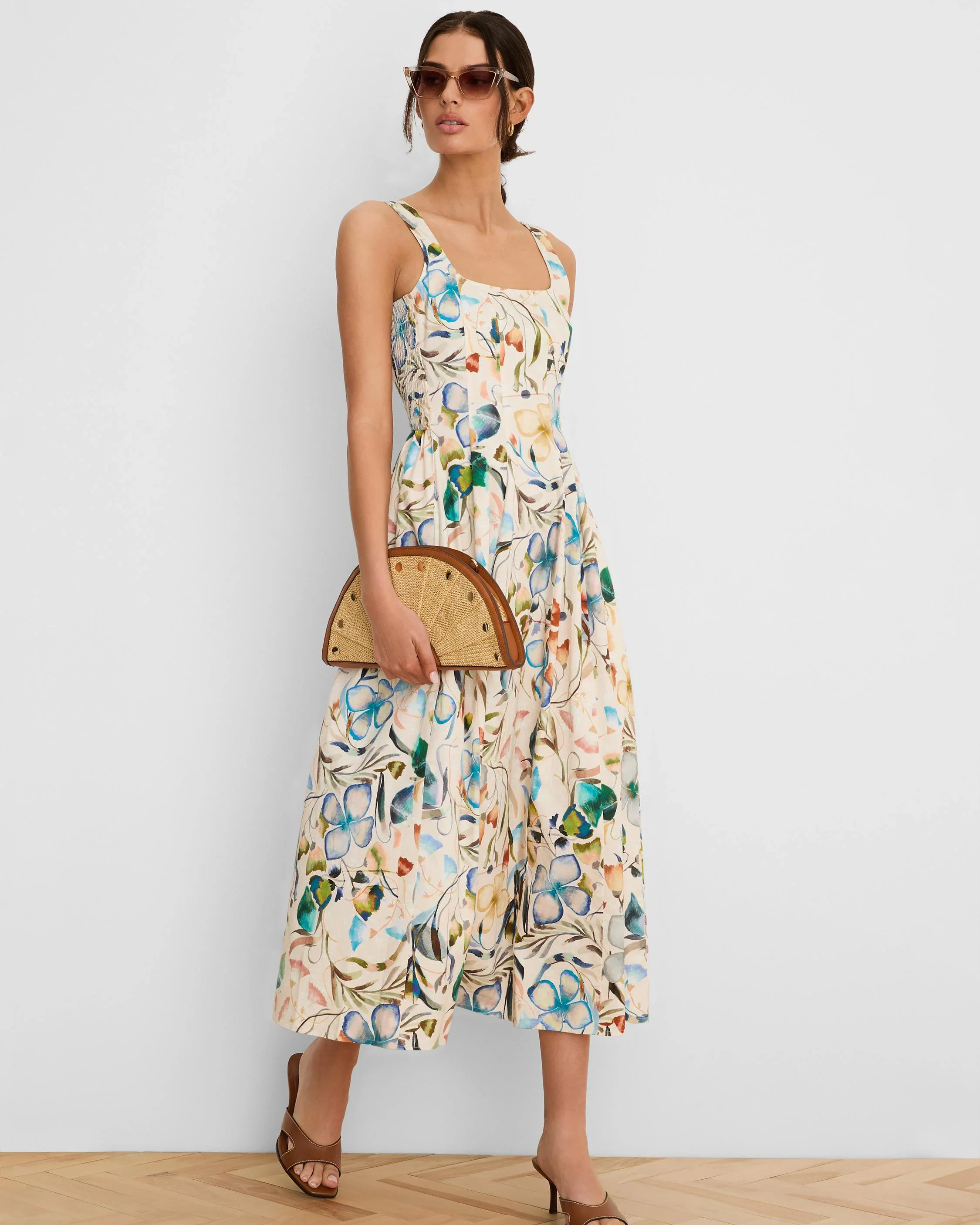 Pressed Flowers Dress in white floral pattern with square neck and princess seams by NIC AND ZOE