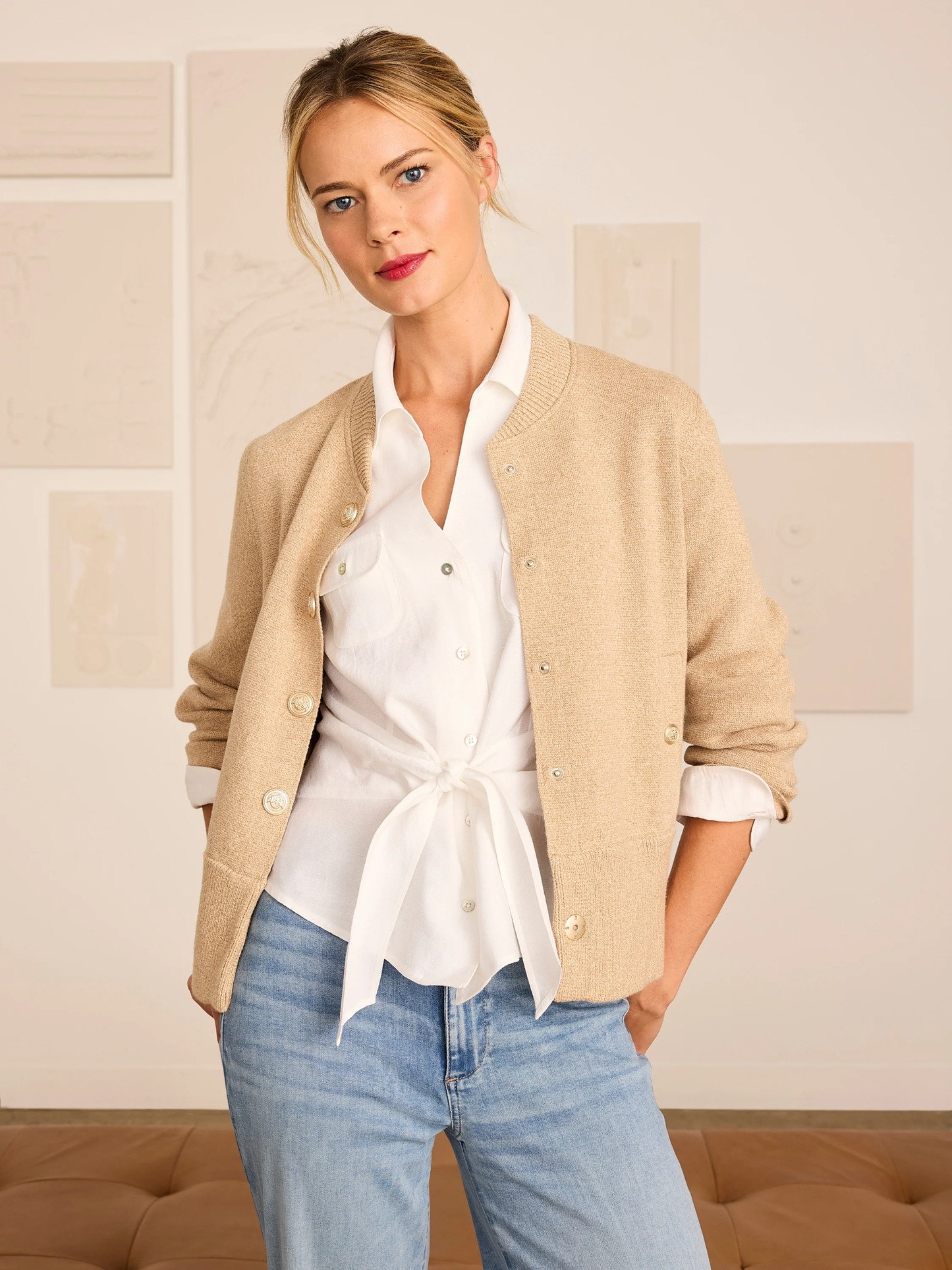 Iconic Tie Front Shirt in white with split neckline and adjustable sleeves by NIC AND ZOE