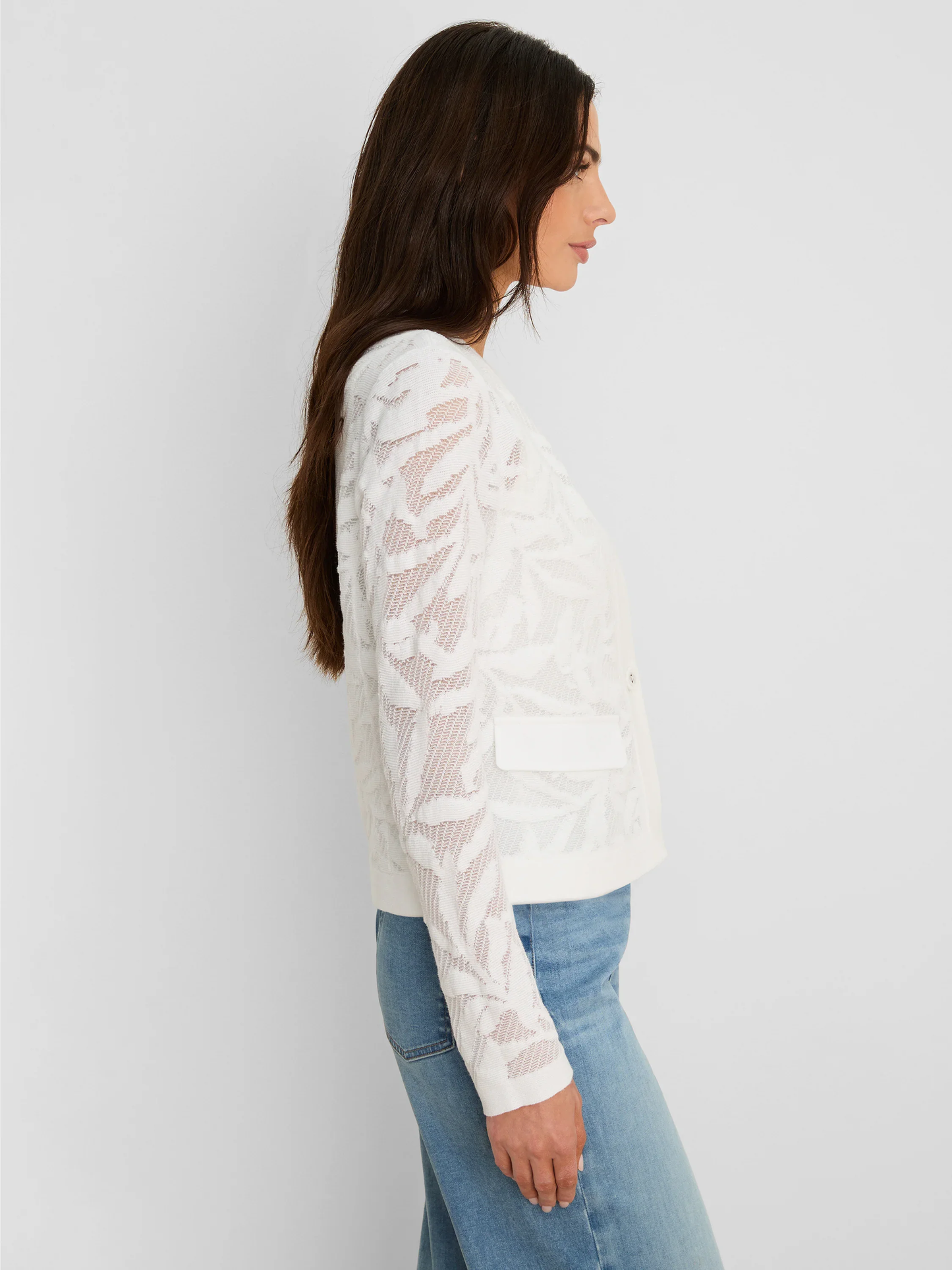 Garden Lace Jacket in white floral lace knit, lightweight layering piece by NIC AND ZOE at HCO Fredericksburg