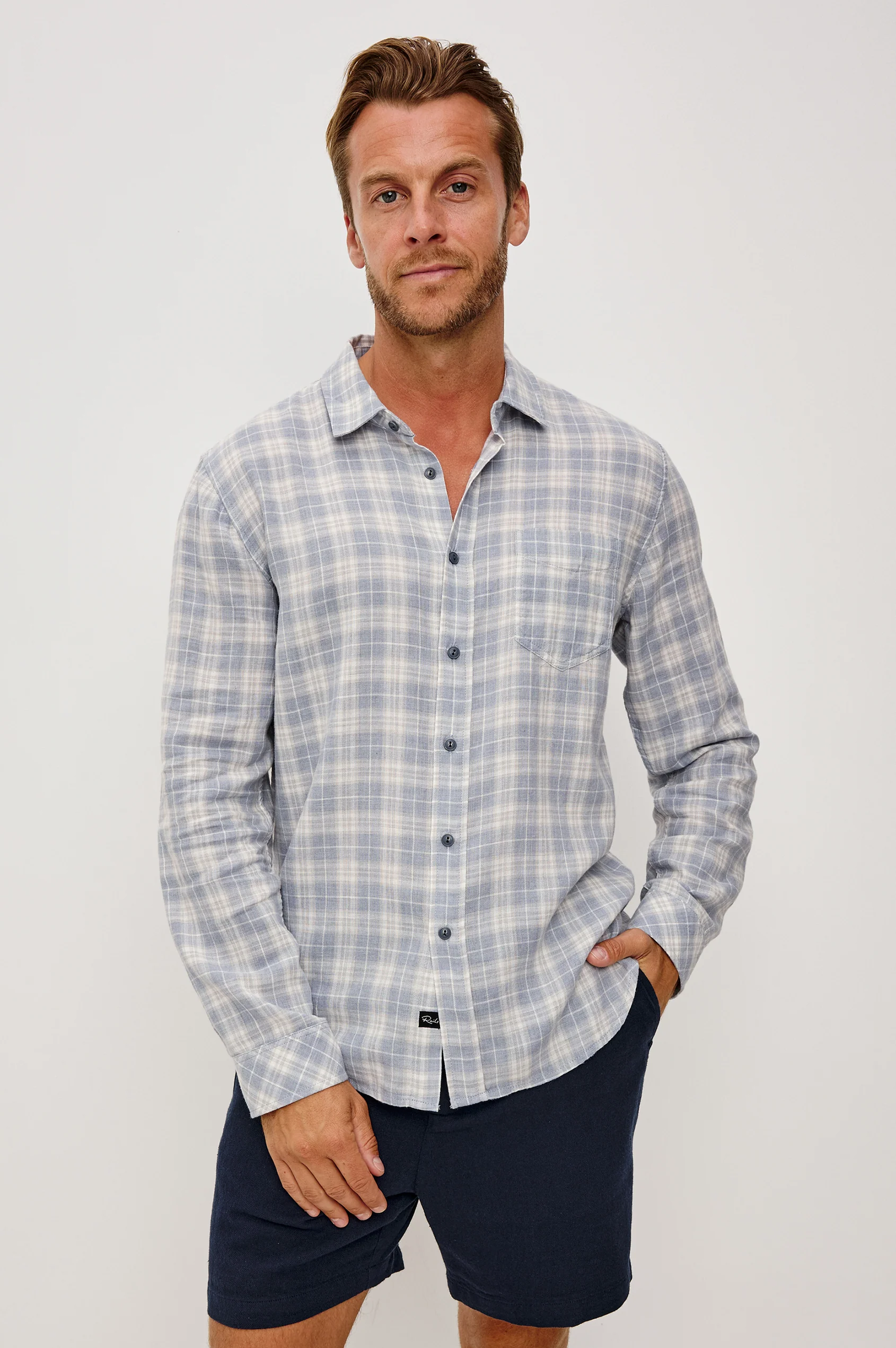 WYATT - THATCH CLOUD CREAM checkered cotton slub long sleeve shirt by RAILS, casual men's style