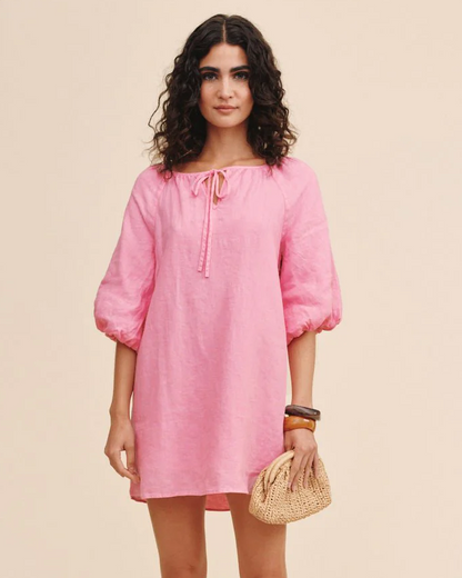 Pullover Puff Sleeve Dress in pink linen with soft V-neck tie, curated Fredericksburg style
