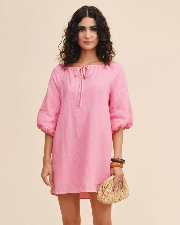 Pullover Puff Sleeve Dress in white linen by BELLA DAHL, curated Fredericksburg boutique style